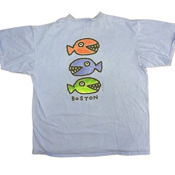 Vtg 90s Big Hed Designs Cartoon Fish Boston Single Stitch Blue Size XL - Picture 1 of 7